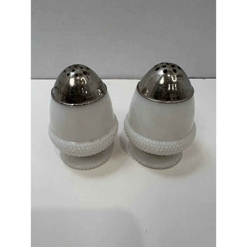 Antique Acorn Opal Glass Salt Pepper Shakers Lids 1880s Rare EAPG Pedestal Foot